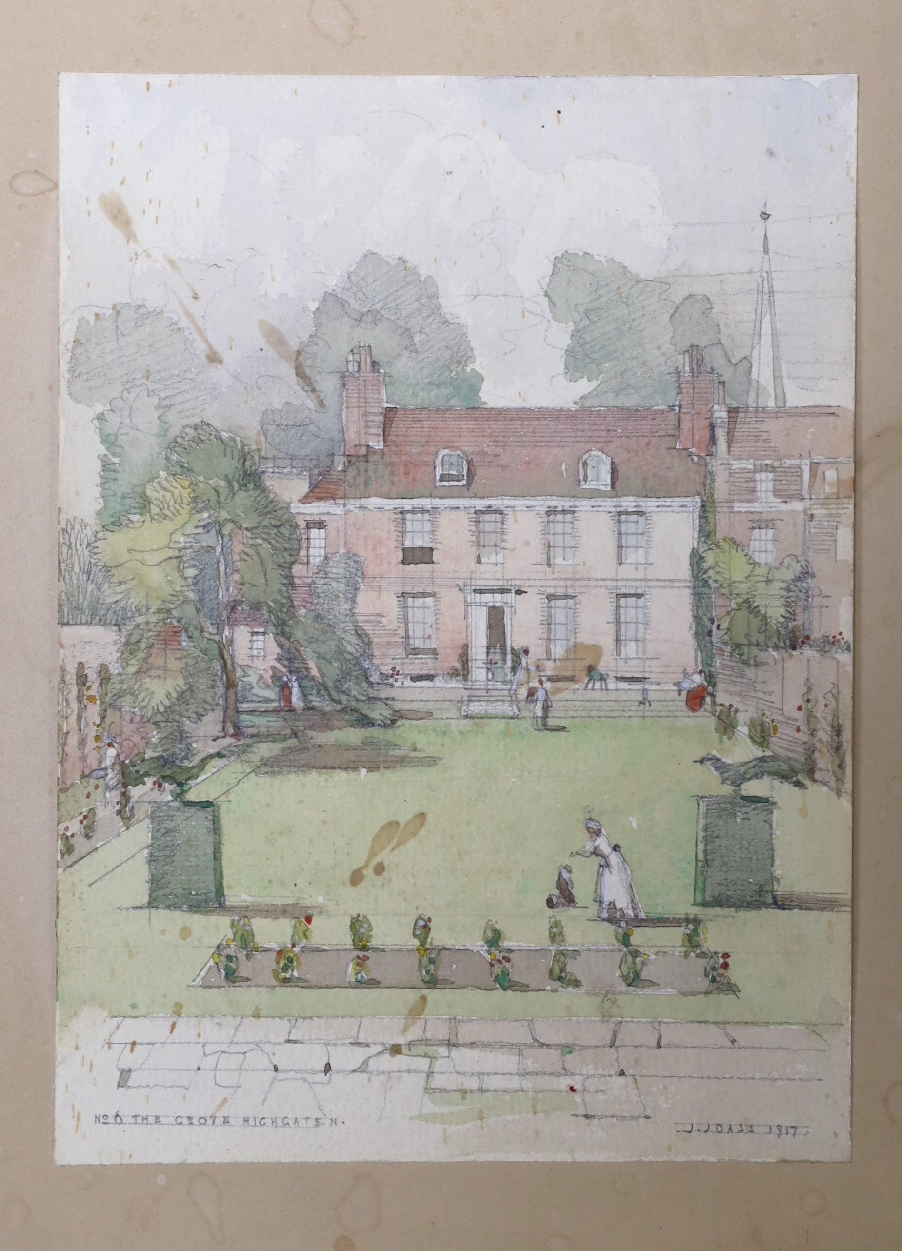 John James Joass (1868-1952), four watercolours, 'The Grove, Highgate', 'The Eddystone from Macnab', 'Kew Gardens', and a coastal landscape, signed and dated from 1917 - 1932, largest 24 x 34cm, three unframed.